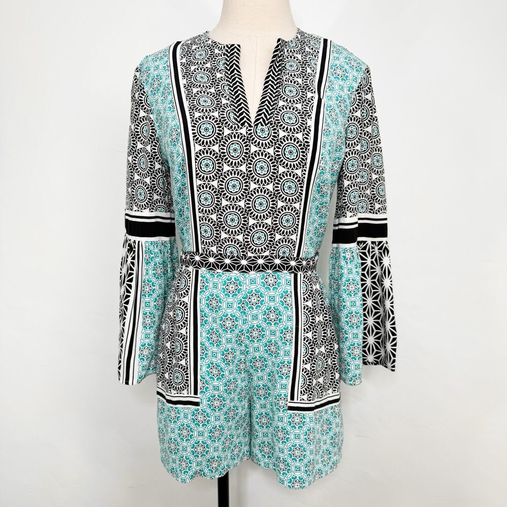 NWT Loft Sand Dollar Romper Aqua Black Bell Sleeve Preppy Summer Beach Size XS